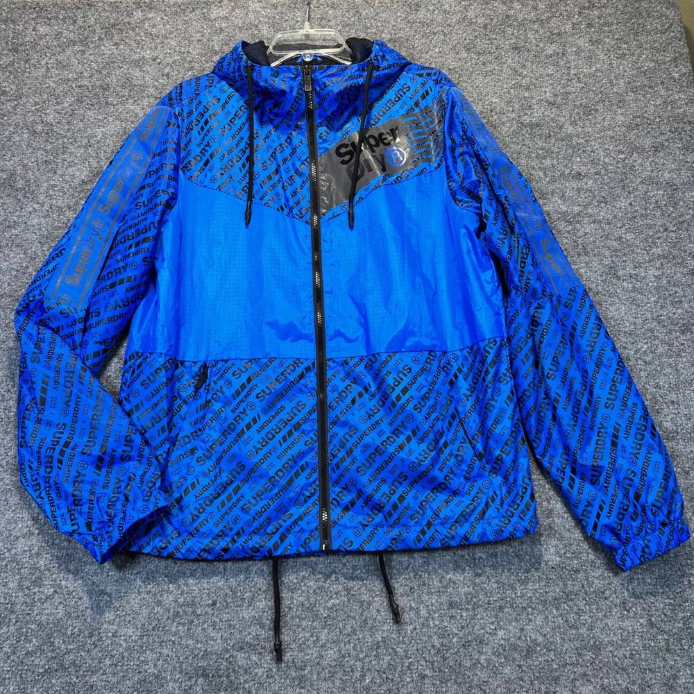 Superdry Windbreaker Jacket Men Large Blue All Over Logo Print Streetwear Hooded